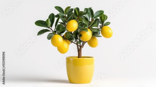 Lemon tree in yellow pot on white background