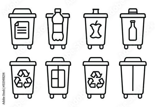 Trash bin set. waste management linear bins. recycling, paper, bottle, apple vector icons.