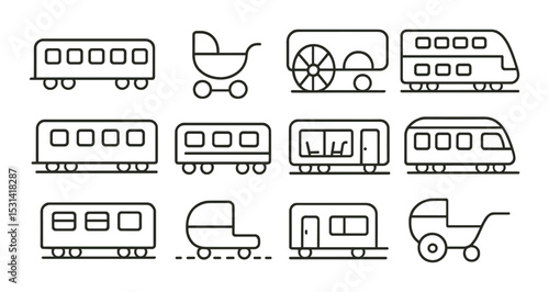 Transportation vehicle set. linear trains, carriages, wheel icons. bus, tram, stroller vector icons.