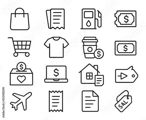 Shopping icon set. e-commerce financial linear symbols. bag, cart, receipt, discount vector icons.