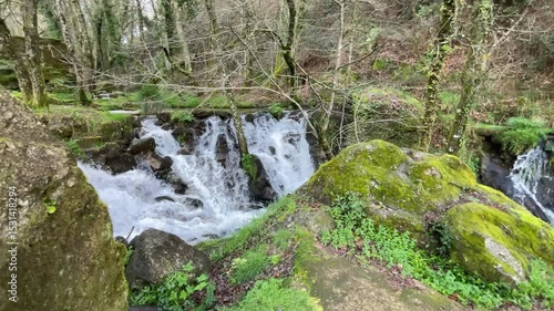Camera pans right revealing a beautiful waterfall in a mossy forest in Northern Portugal.