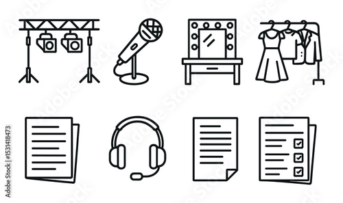 Theater set. performance silhouette icons. lights, microphone, mirror, costume, script vector icons.