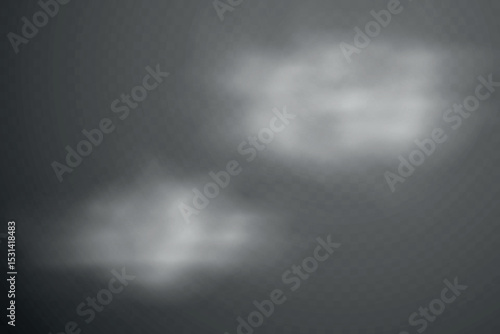 Smoke effect background. Realistic decorative fog in the air, vapor, creeping smoke puff. Layout of cloudy smog. Transparency vector illustration.