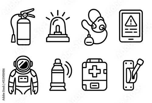 Emergency equipment set. safety linear icons. fire extinguisher, mask, medical kit vector icons.
