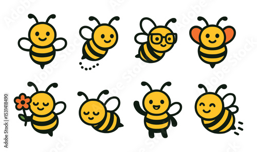 Bee icon set. playful cartoon silhouette bees: happy, flower, glasses, flying vector icons.