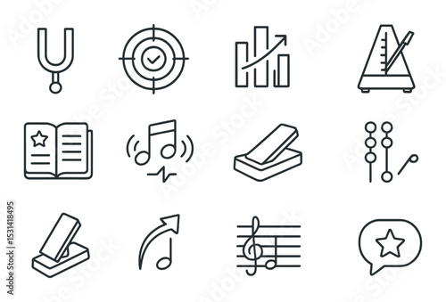 Music tools set. instrument, chart, metronome, tuner, note, graph linear vector icons