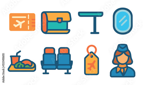 Airline travel set. flat icons: ticket, luggage, tray, window, meal, seating, tag attendant vector icons.