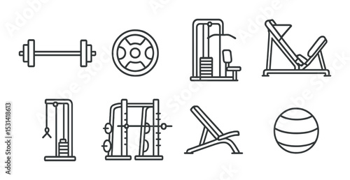 Gym equipment set. fitness linear machines. dumbbell, weight, pulley, bench, ball vector icons.