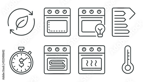 Oven control set. kitchen appliance linear timer, temperature, settings, bulb vector icons.