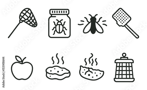Insect control set. pest management linear icons: fly, jar, net, swatter, fruit vector icons