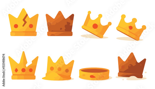 Crown set. royal headwear flat crowns. tiara, gold, monarch, king, queen vector icons.
