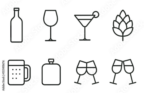 Beverage icon set. drink collection linear style: bottle, glass, beer, martini, cheers vector icons.