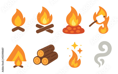 Fire set. campfire, burning, marshmallow, logs, smoke, flames silhouette vector icons.