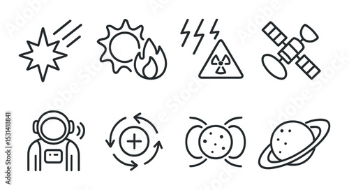 Space elements set. linear celestial, astronaut, planets, satellite, energy vector icons.