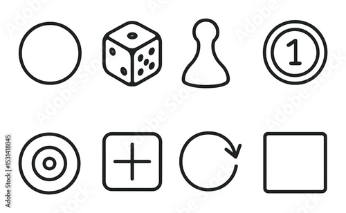 Board game set. gaming pieces linear icons. dice, pawn, coin, target, replay, plus vector icons.