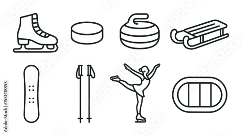 Winter sports icon set. linear style: skating, hockey, curling, sled, snowboard vector icons.