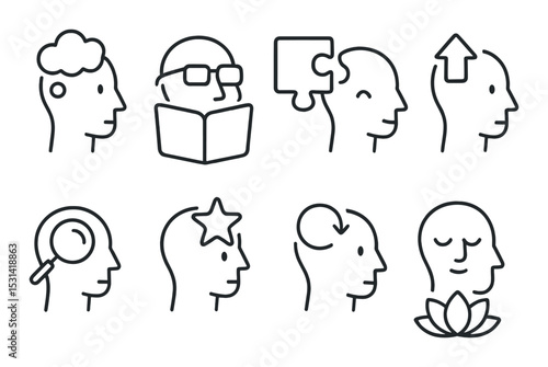 Brain headset. mind, reading, puzzle, growth, search, star, meditation linear vector icons