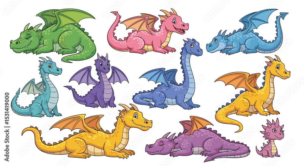 Fototapeta premium Colorful Dragons Flying and Sitting A Whimsical Fantasy Art for Dragon Lovers