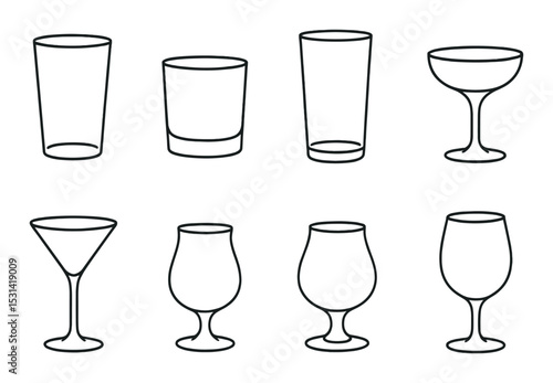 Glassware set. beverage containers silhouette icons. glass, wine, cocktail, tumbler vector icons.