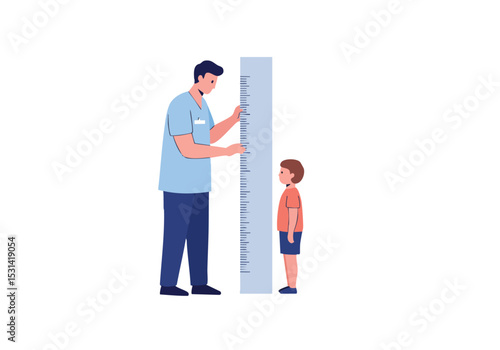 A doctor measures a child's height with a measuring stick. A clear, friendly illustration for health and wellness visuals. Suitable for educational and promotional use.