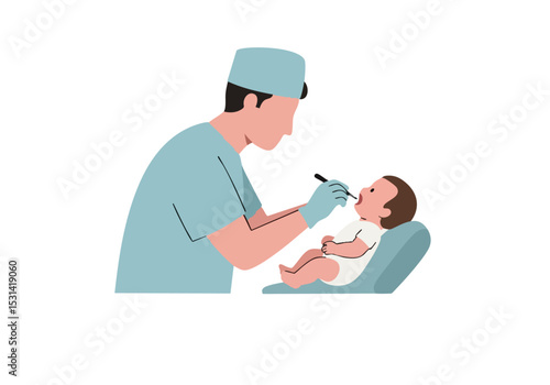 Doctor examines a baby's throat with a tongue depressor. Clean, professional illustration. Focus on healthcare and pediatric care.