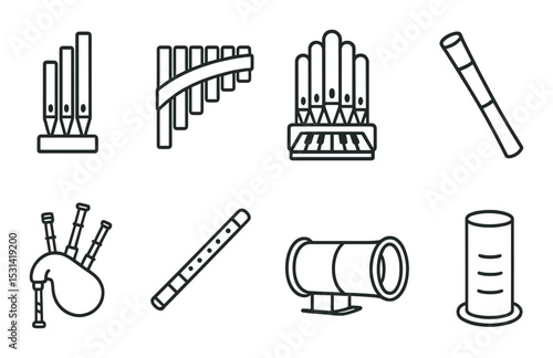 Musical instrument set. wind, bagpipe, flute, organ, recorder, pipe silhouette vector icons