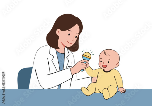 A healthcare professional examines a baby with a rattle, demonstrating a gentle and reassuring interaction. Soft colors and a focused composition create a comforting visual.