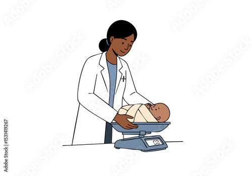A healthcare professional weighs a baby on a scale during a check-up. Clean, clinical setting. Focus on the infant and doctor.