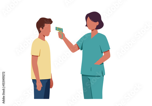 A healthcare professional takes a child's temperature using a non-contact thermometer. Clean, modern illustration. Focus on health and safety.