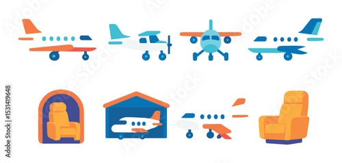 Airplane set. aviation silhouette planes. airplane, hangar, seat, cockpit, propeller vector icons.