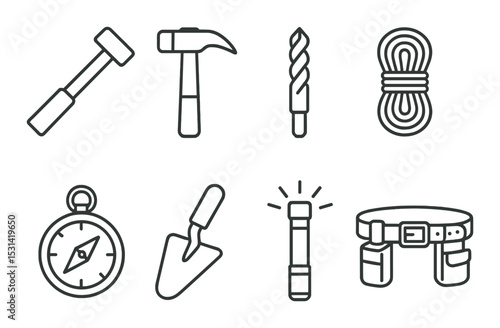 Climbing tool set. camping equipment silhouette icons. hammer, rope, compass, flashlight vector icons