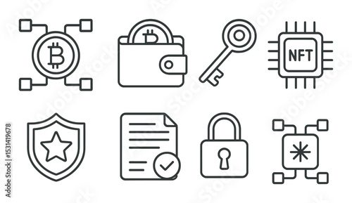 Cryptocurrency icon set: wallets, blockchain, security, key, nft, flat vector icons