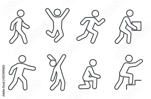 Human figure set. silhouette people actions: jump, run, lift, walk, kneel, climb vector icons