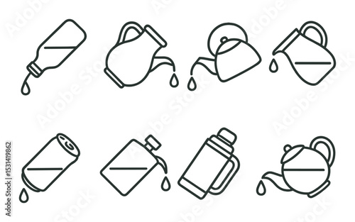 Beverage container set. drinkware silhouette bottles, jugs, kettles, cans, thermos vector icons.