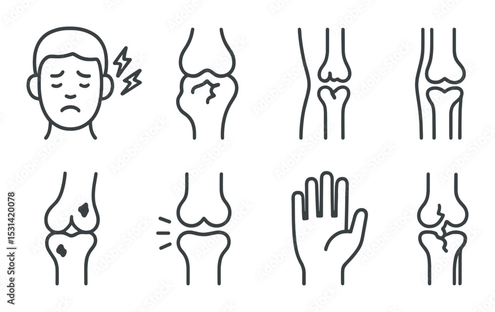 Fototapeta premium Joint pain icon set. arthritis, swelling, inflammation, bone, hand silhouette vector icons.