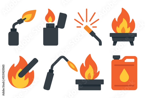 Fire and flame set. ignition silhouette icons: torch, lighter, bonfire, fuel, heat vector icons.
