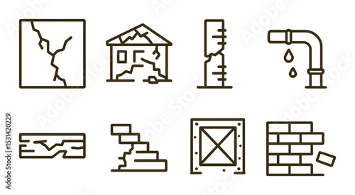 Earthquake damage set. disaster relief linear cracks, buildings, pipes, walls vector icons.