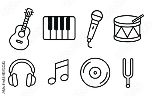 Musical instrument set. linear icons of guitar, piano, microphone, drum, music vector icons.