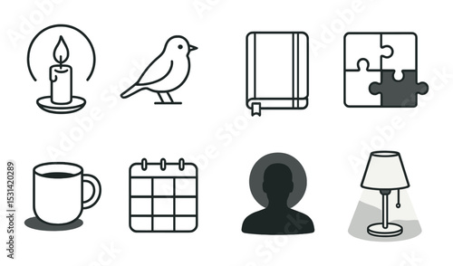 Home essentials icon set. linear candle, bird, book, puzzle, cup, calendar vector icons.
