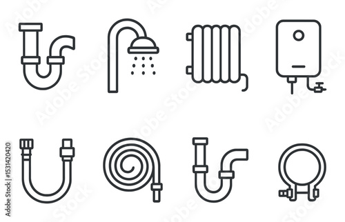 Plumbing set. bathroom and heater silhouette icons. pipe, shower, radiator, boiler vector icons.