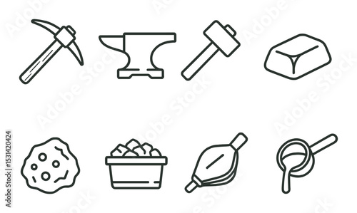 Blacksmith tools set. forging equipment linear icons: pickaxe, anvil, hammer, ore, bucket vector icons