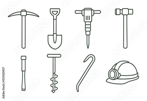 Tool icon set. construction equipment silhouette. pickaxe, shovel, drill, hammer vector icons.
