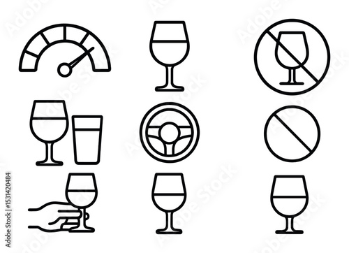 Alcohol awareness set. drinks steering wheel linear icons. glass, wine, no-alcohol, speed vector icons.