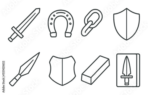 Medieval weaponry set. flat sword, shield, dagger, horseshoe, chain, armor vector icons.