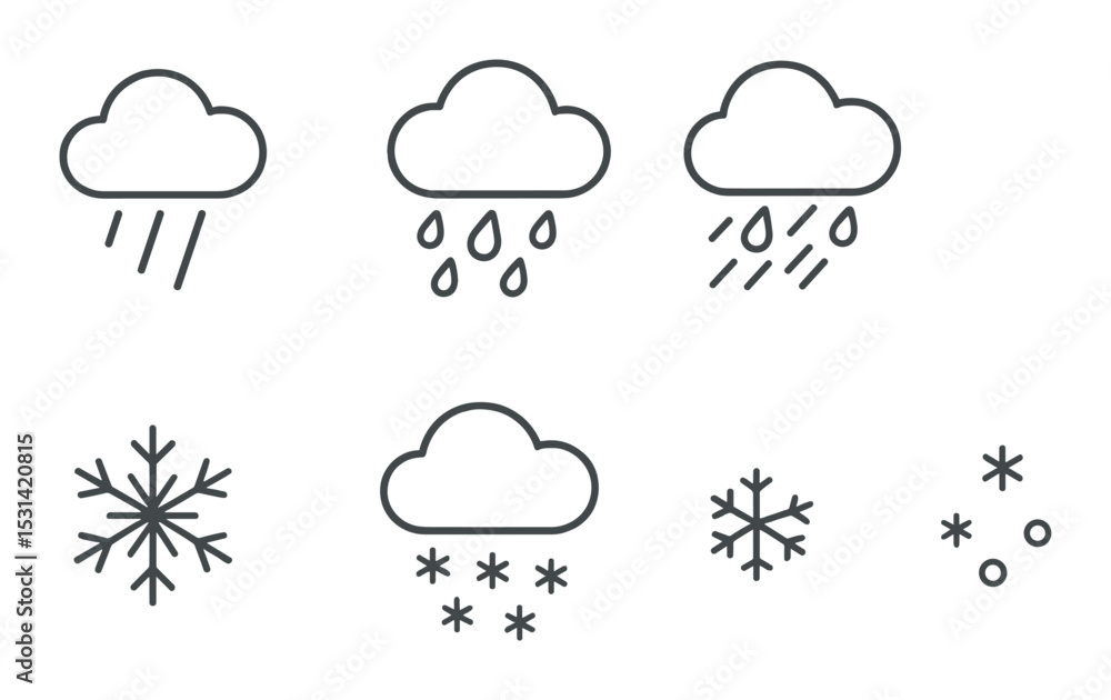 Weather symbol set. climate and forecast linear cloud, rain, snow, storm vector icons Weather symbol set. climate and forecast linear cloud, rain, snow, storm vector icons