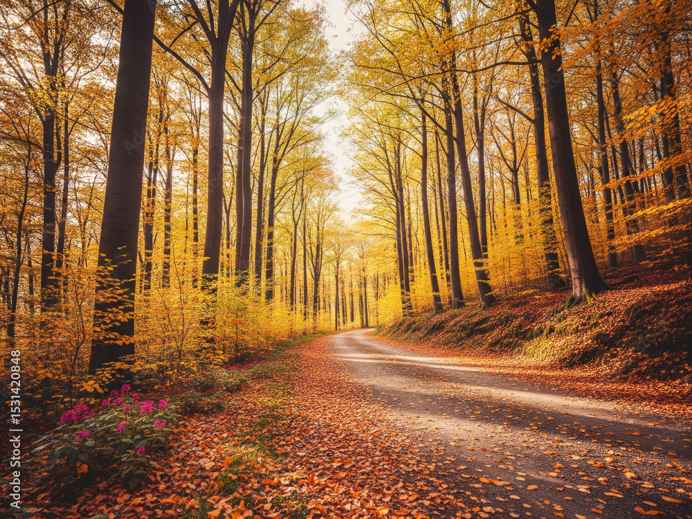 Obraz premium A Golden Path Through the Autumnal Woods A Symphony of Color and Light Beneath the Canopy in the Quiet Embrace of Nature's Transition A Tapestry of Seasonal Beauty