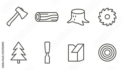 Woodworking tools set. linear style axe, log, stump, tree, saw, chisel vector icons.