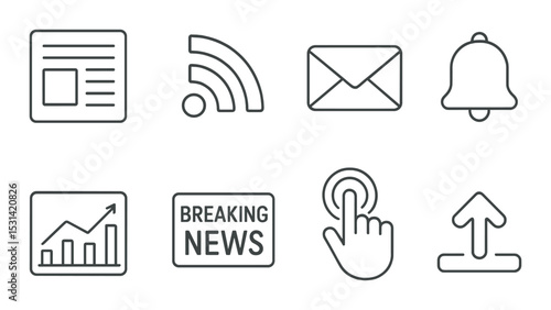 Media communication set. news, email, alert, graph, news, touch, upload silhouette vector icons.