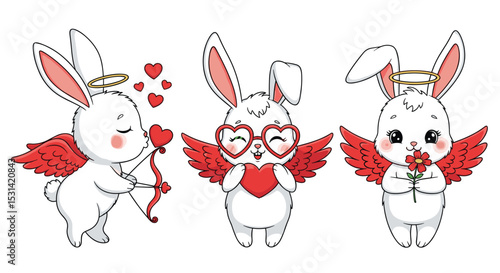 Cute Valentine Rabbits with Wings and Hearts a Charming Illustration for Holiday