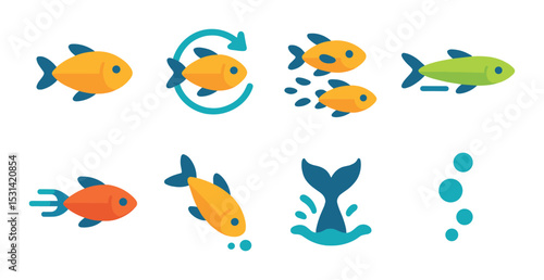 Fish icon set. underwater life flat style. fish, tail, bubbles, aquatic, swim vector icons.